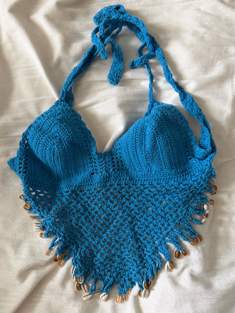 Crochet Halter Crop Top with Shell Trim - Blue